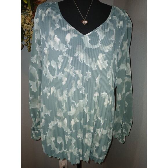 Nine West Pleated Blouse Womens Large Teal Abstract Print Balloon Sleeve Chiffon - Picture 1 of 5